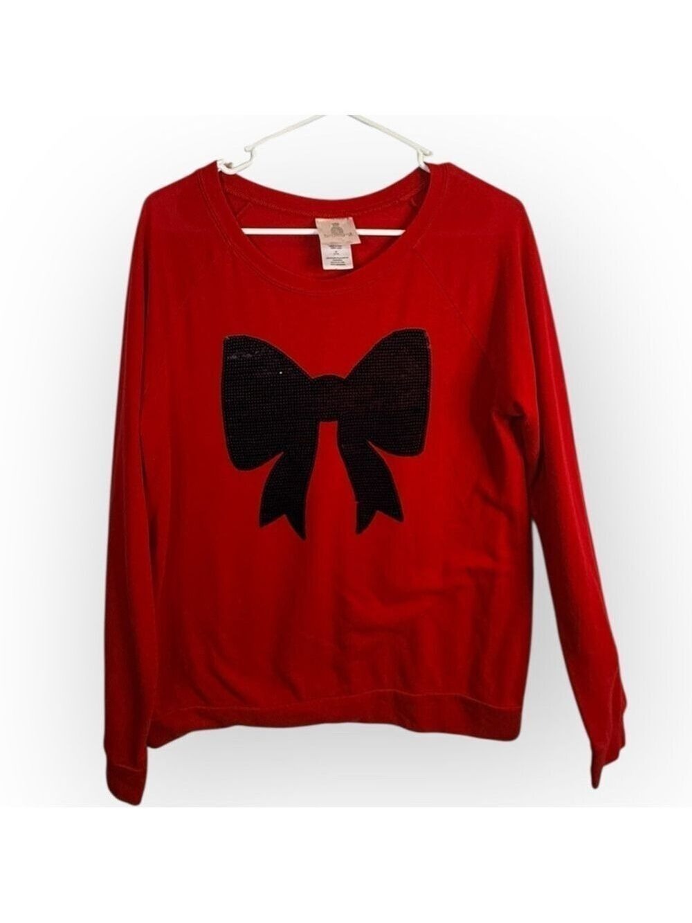 JL Red Sweater Large Black Sequin Bow Y2K - Picture 3 of 4